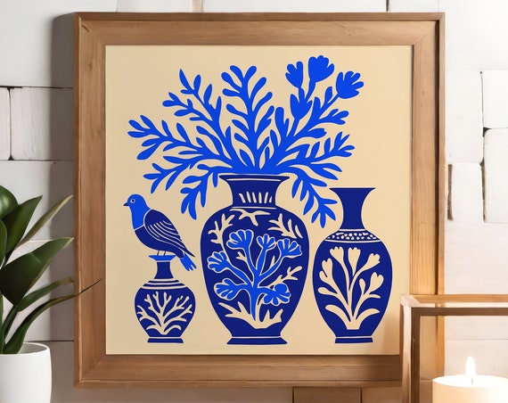 Blue Floral Vase Square Art Print Nautical Botanical Wall Art Airbnb Wall Decor Flowers In Vase Nature Art Print 10x10 12x12 14x14 18x18