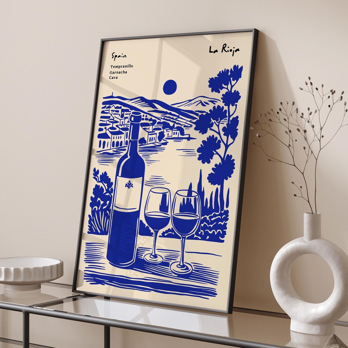 La Rioja Spain Blue Vineyard Wine Bottle and Two Glasses Poster