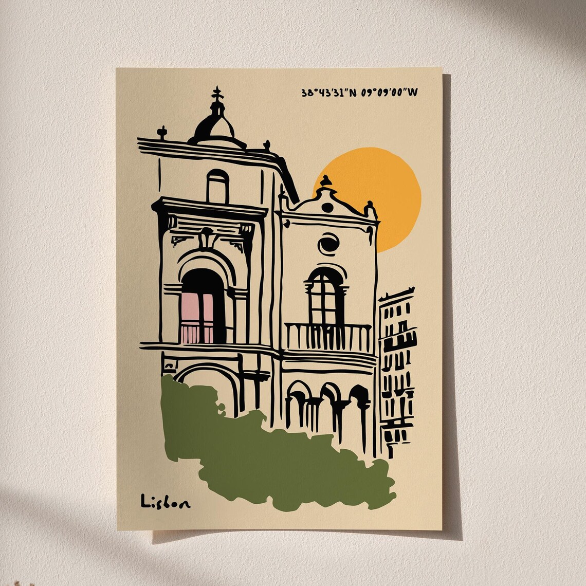 Lisbon Portugal Map Coordinates Ink Sketch Sunset Travel Poster - Image 6