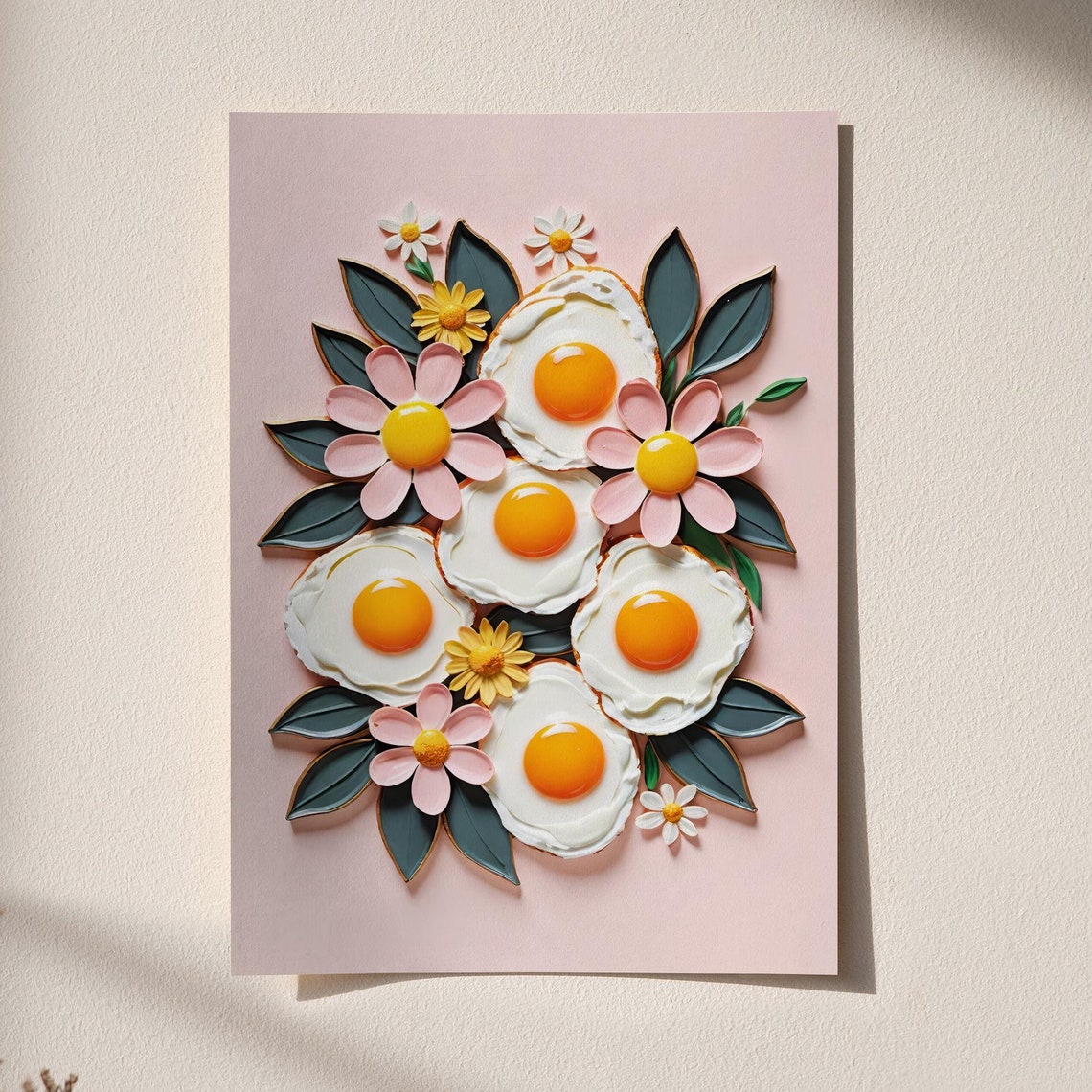 Fried Eggs and Pink Flowers Quirky Blush Pink Kitchen Art Poster