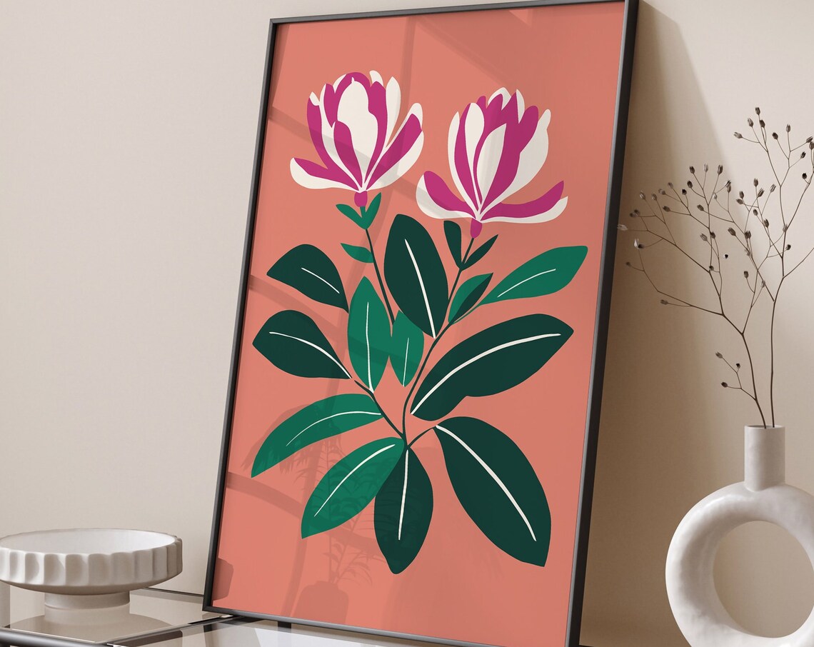 Pink Rhododendron Botanical Floral Art Print on Coral Background - Image 6