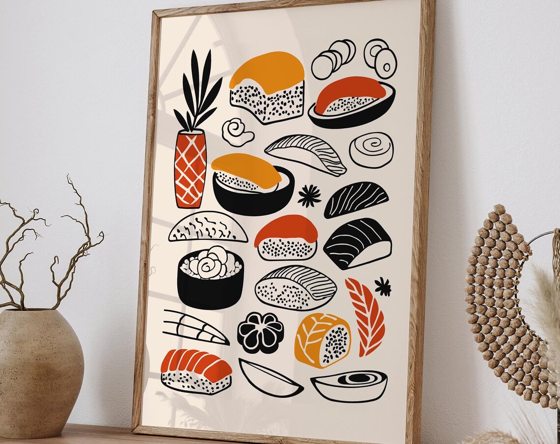 Colorful Sushi Rolls and Nigiri Minimalist Japanese Food Poster