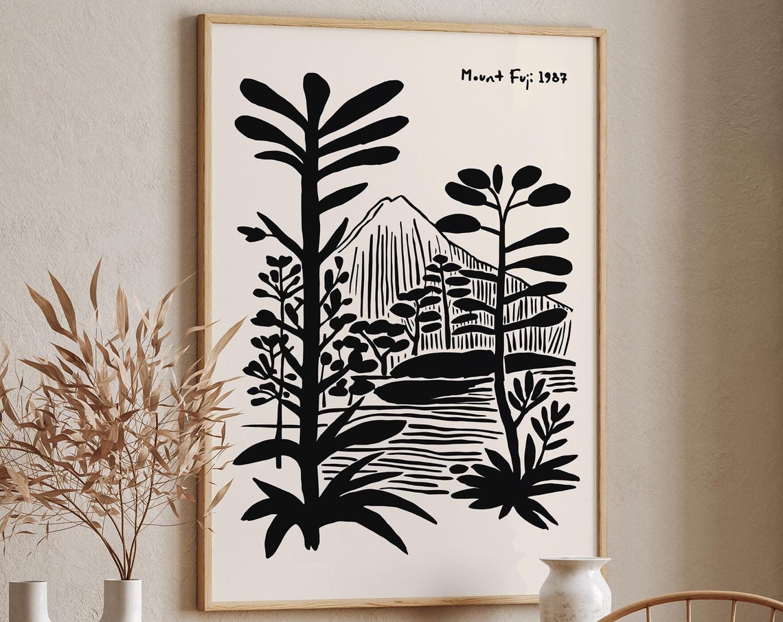 Mount Fuji 1987 Japanese Black White Minimalist Linocut Poster