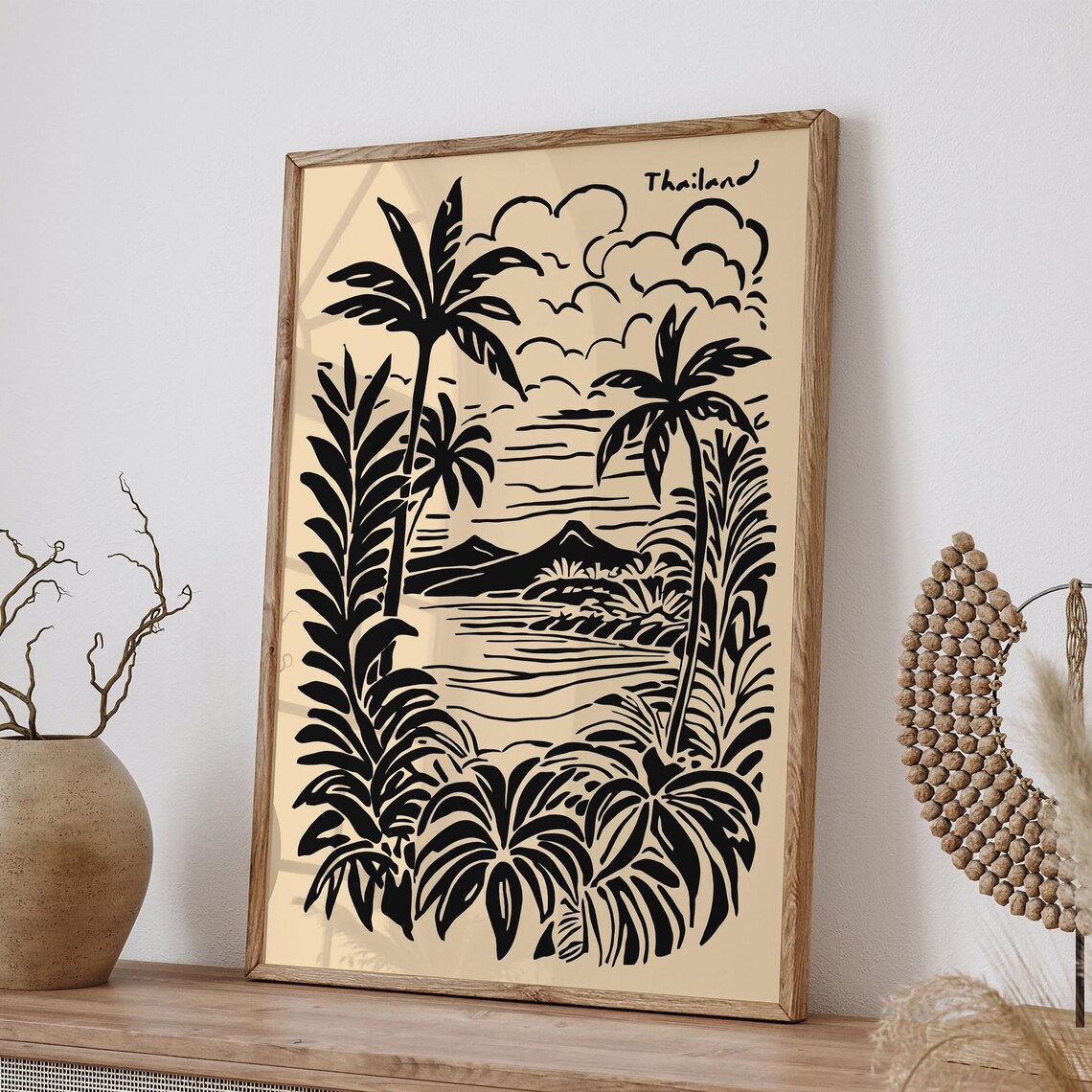 Thailand Black Linocut Palms Island Coast Tropical Travel Poster - Image 6