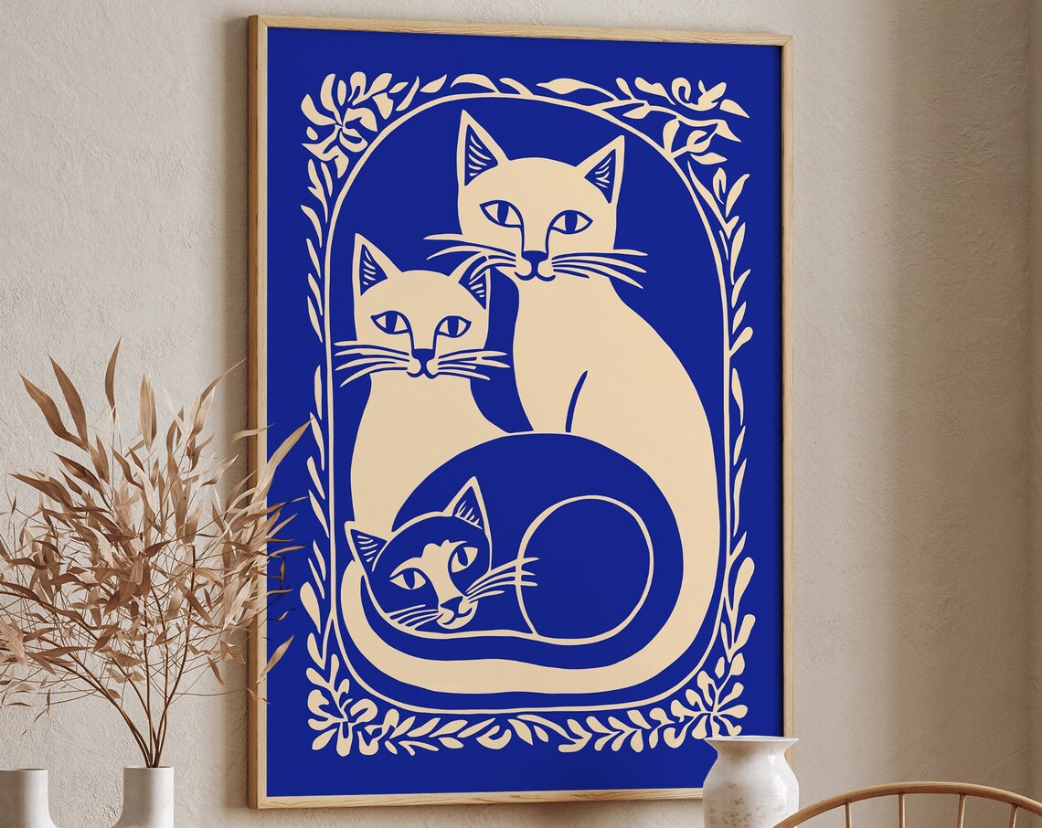 Blue and Cream Cat Trio Floral Frame Whimsical Style Art Poster