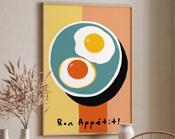 Modern Abstract Fried Eggs Art Poster Minimalist Kitchen Wall Decor Retro Style Breakfast Food Illustration Print Bon Apptit Typography
