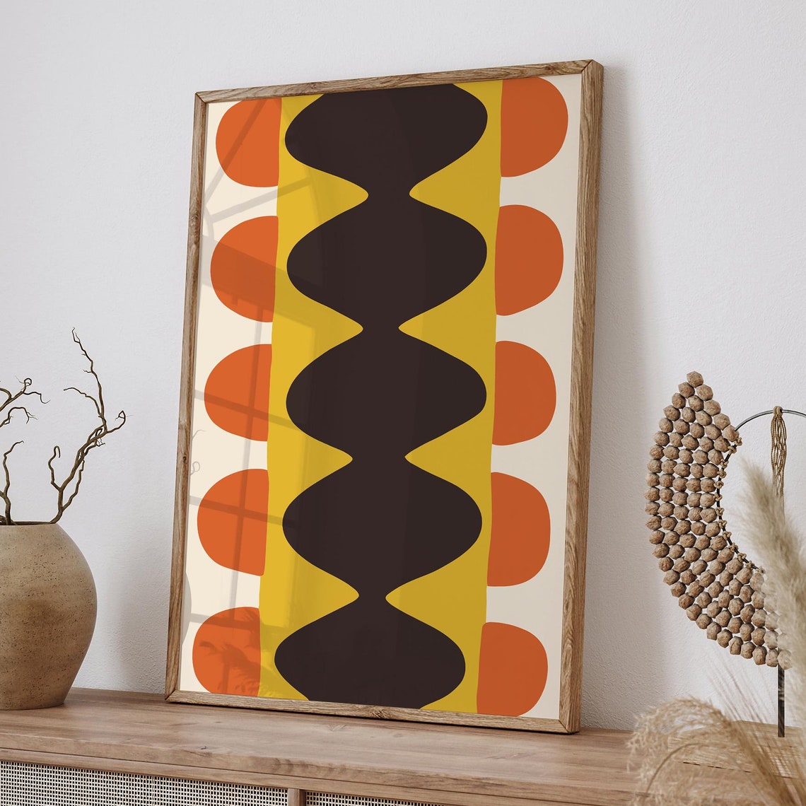 Groovy 70s Retro Abstract Poster with Wavy Brown Orange Shapes
