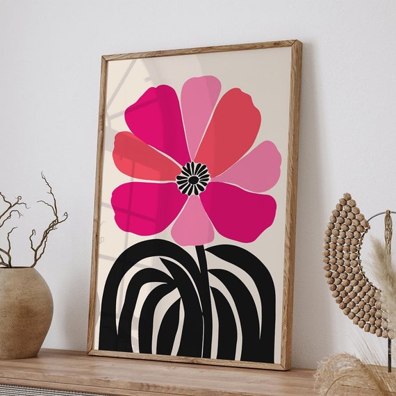 Vibrant Pink Floral Art Print Modern Retro Flower Print Bold Petals Abstract Black Leaves Fuchsia Flower Poster Mid Century Modern Art