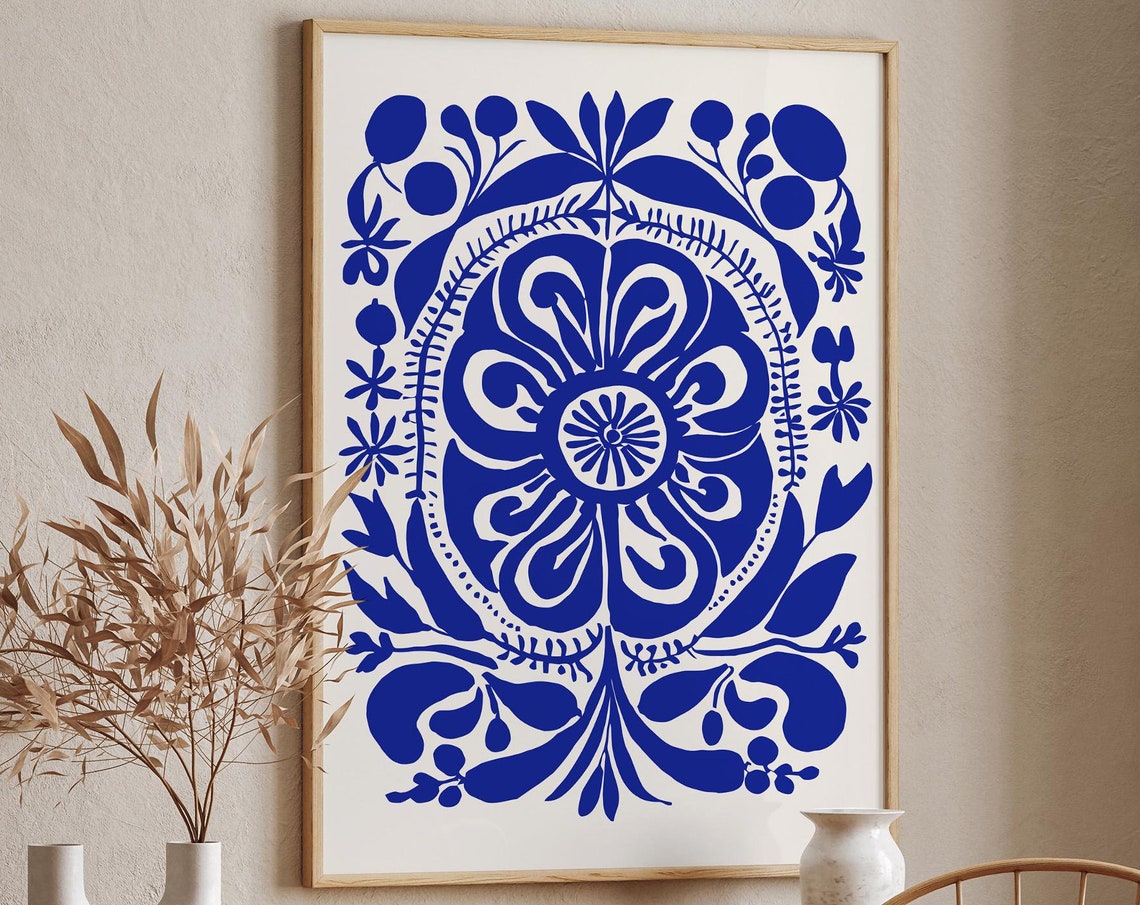 Abstract Blue Botanical Symmetrical Floral Ornament Design Poster