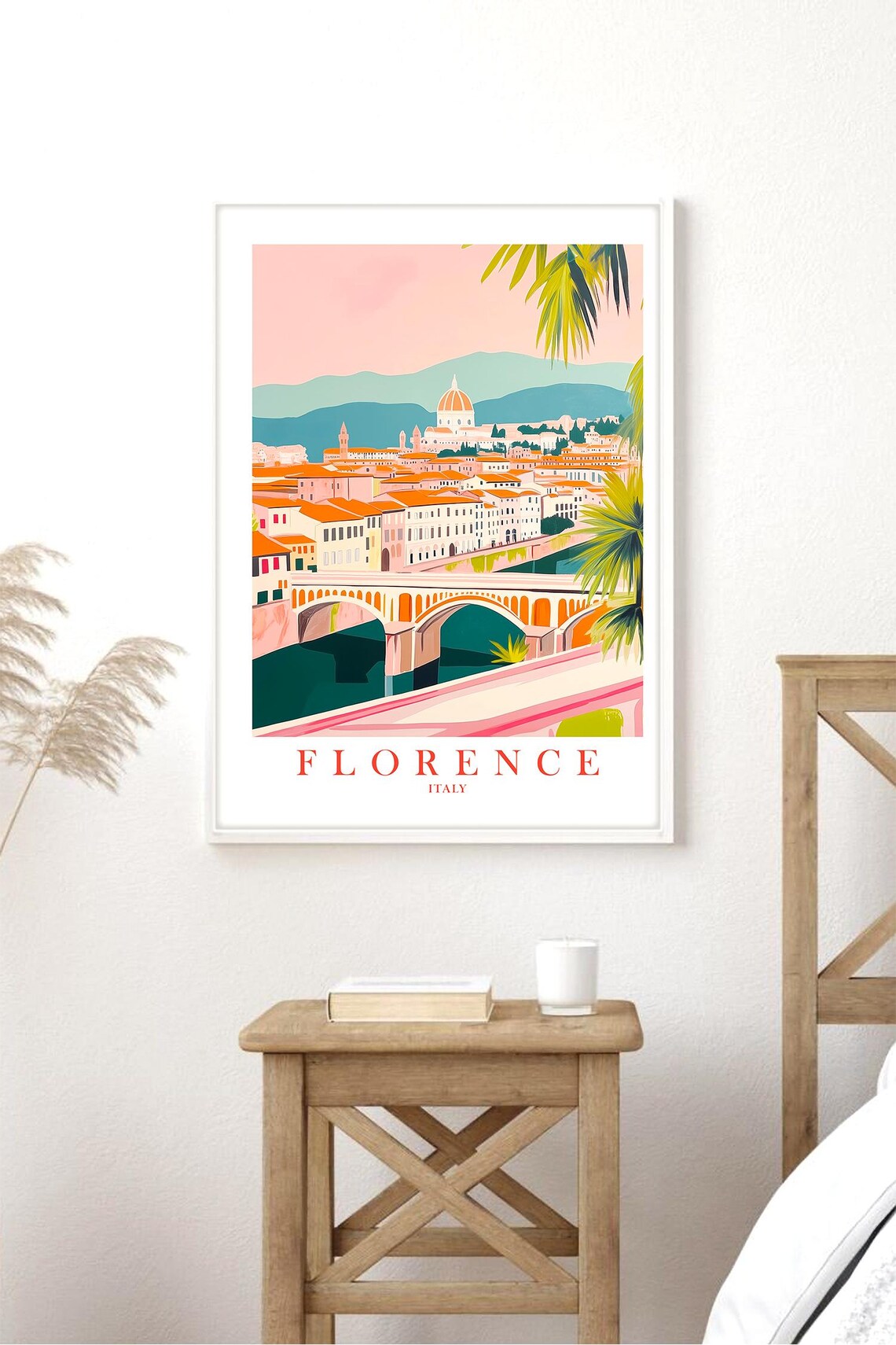 Florence Italy Pastel Travel Poster With Arno Bridge Skyline View