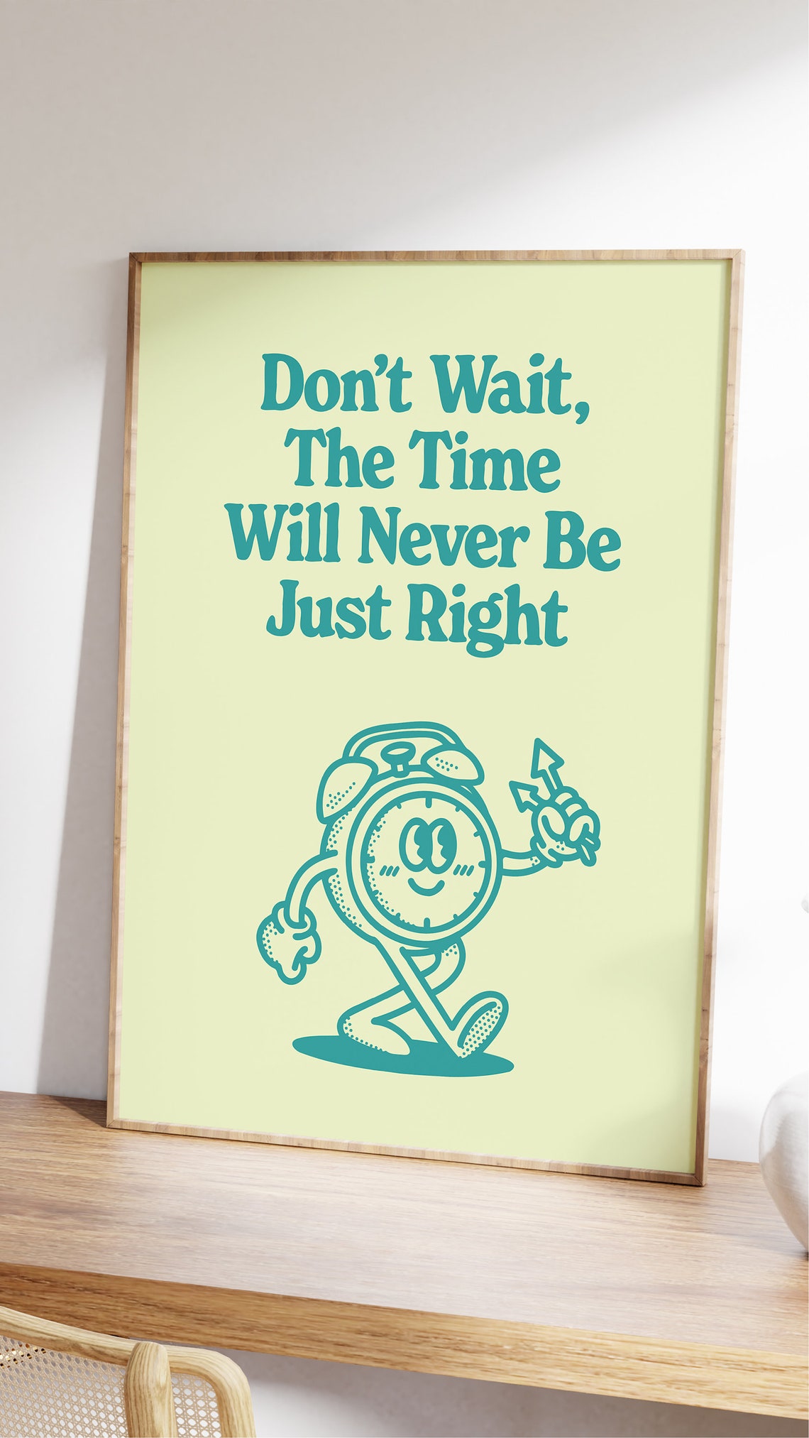 Don't Wait the Time Is Right Teal Vintage Alarm Clock Poster - Image 2