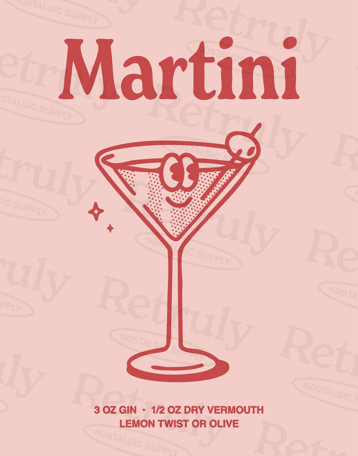 Martini Cocktail Recipe Smiling Glass Retro Pink Bar Cart Poster - Image 2