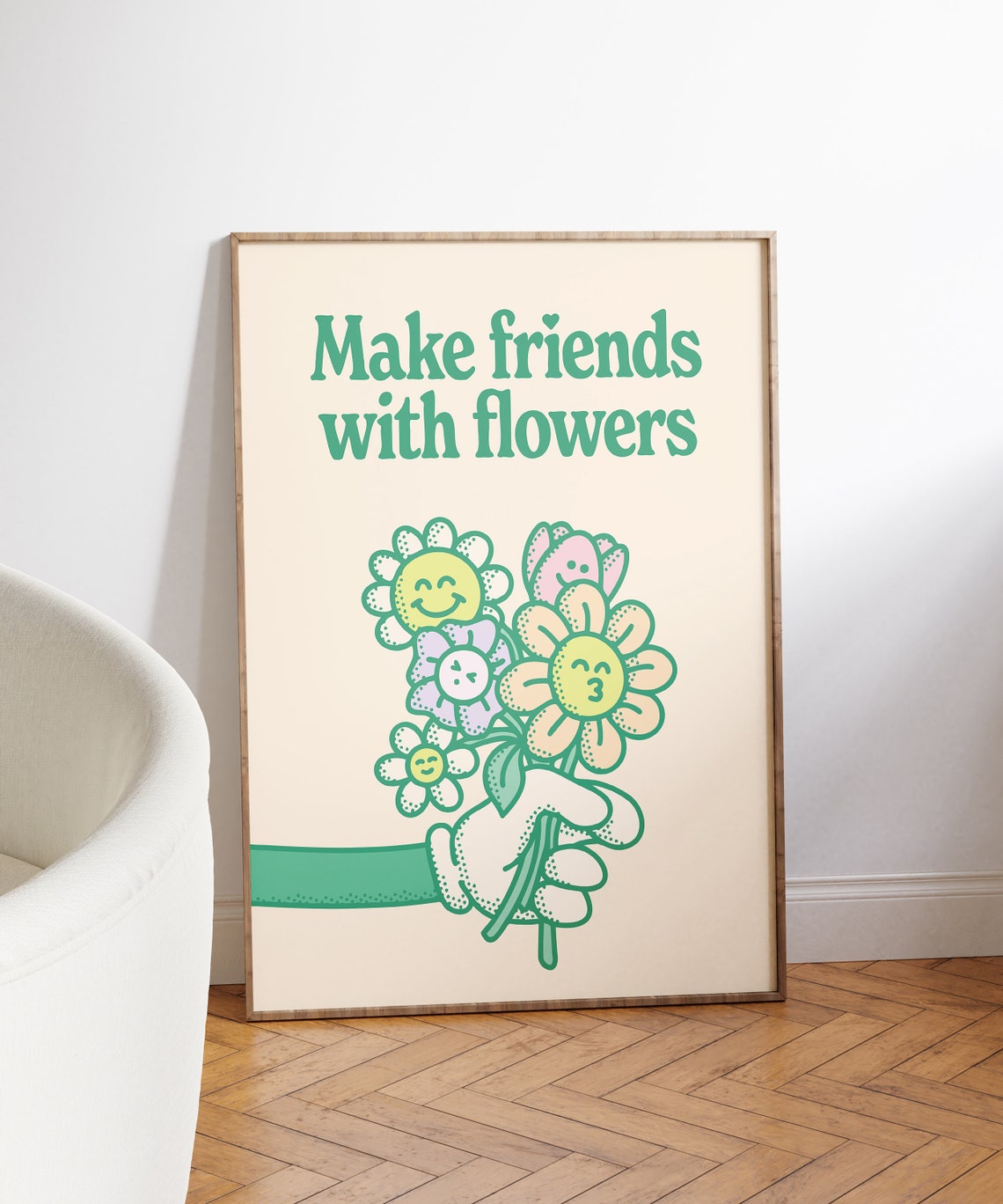 Make Friends with Flowers Retro Smiley Daisy Bouquet Wall Art - Image 3