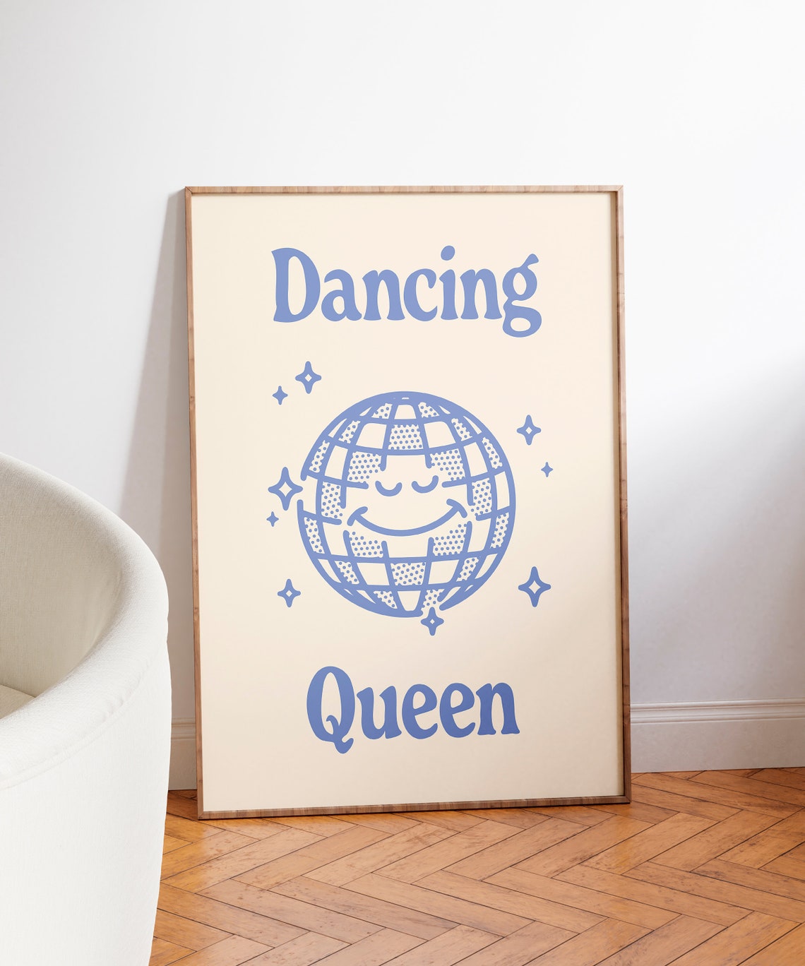 Dancing Queen Blue Smiling Disco Ball Retro 70s Party Quote Poster - Image 3