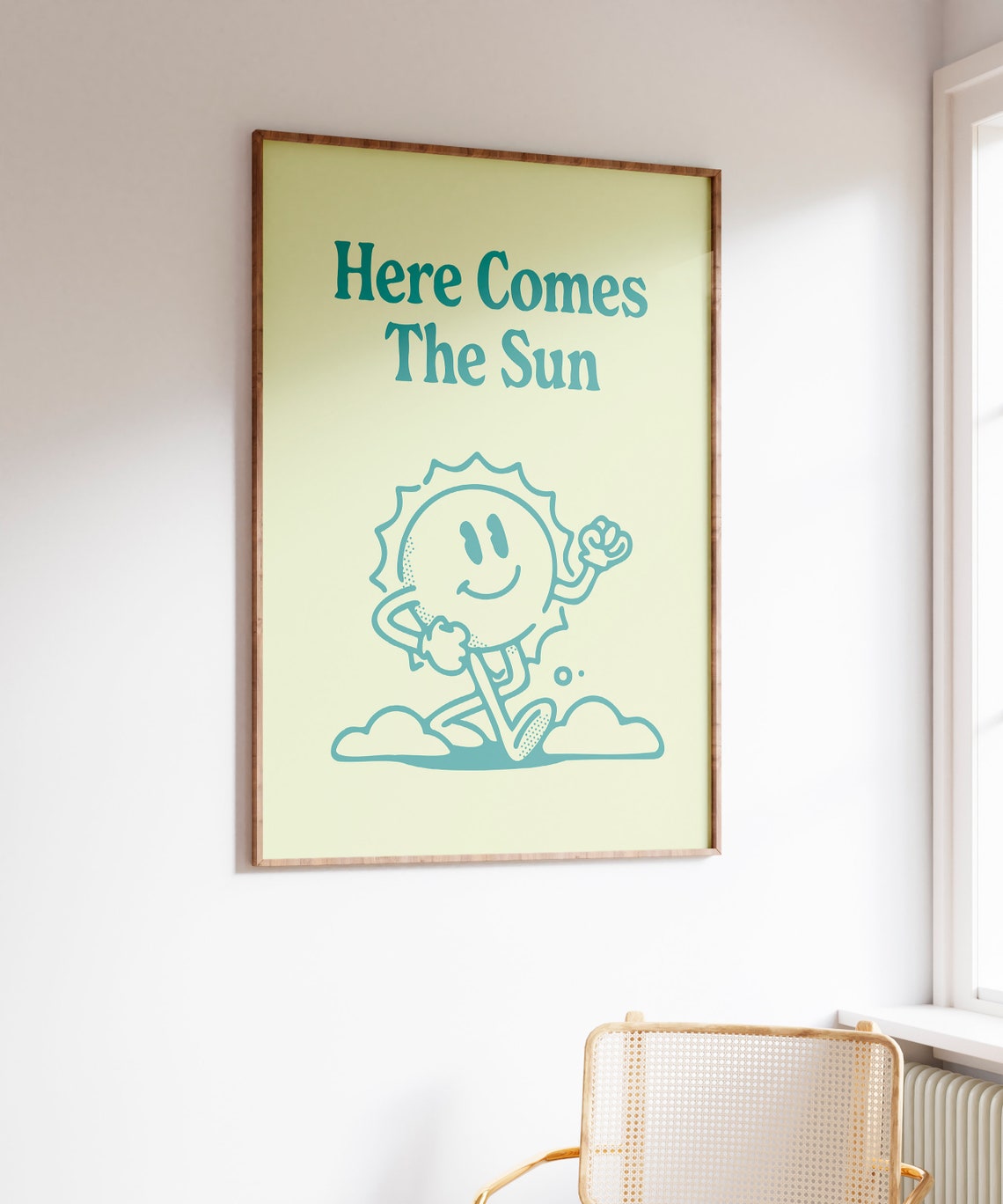 Here Comes The Sun Teal Retro Sun Mascot Lime Quote Wall Art - Image 6