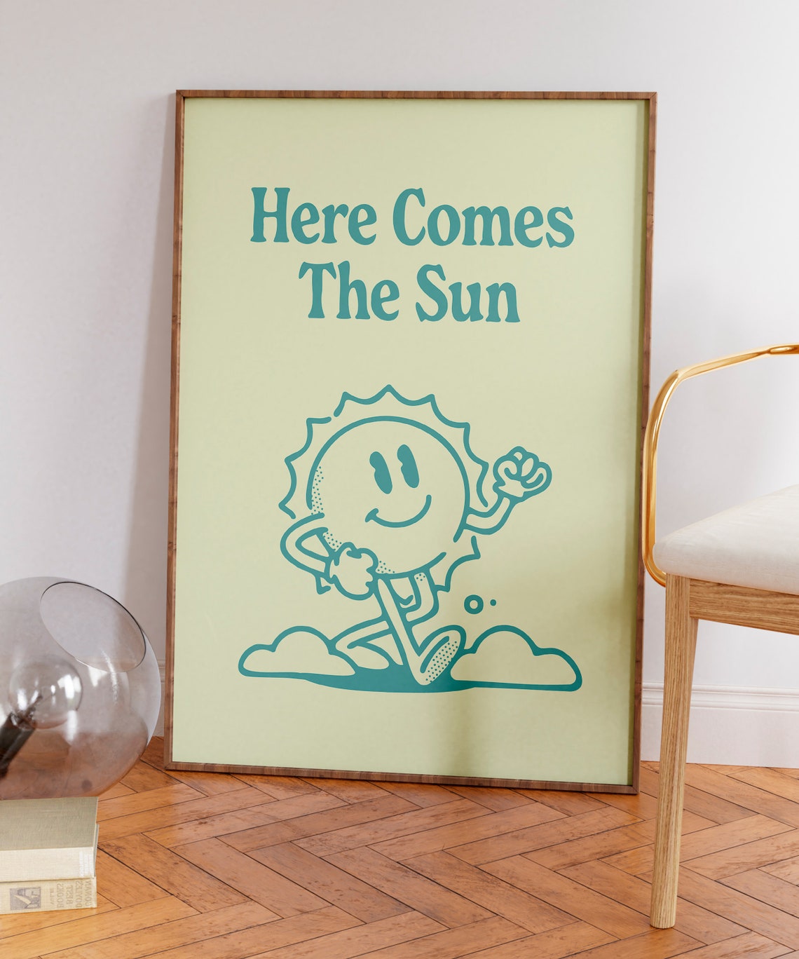 Here Comes The Sun Teal Retro Sun Mascot Lime Quote Wall Art - Image 7