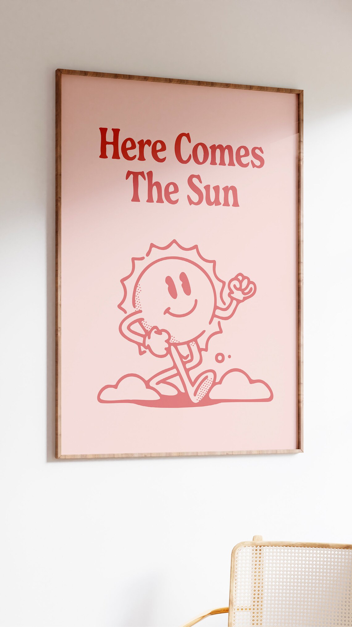Here Comes The Sun Pink Smiling Sun Character Retro Quote Poster - Image 2