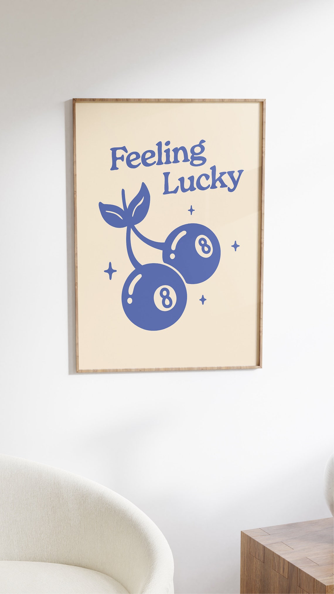 Feeling Lucky Blue 8-Ball Cherry Illustration Retro 70s Wall Art - Image 2
