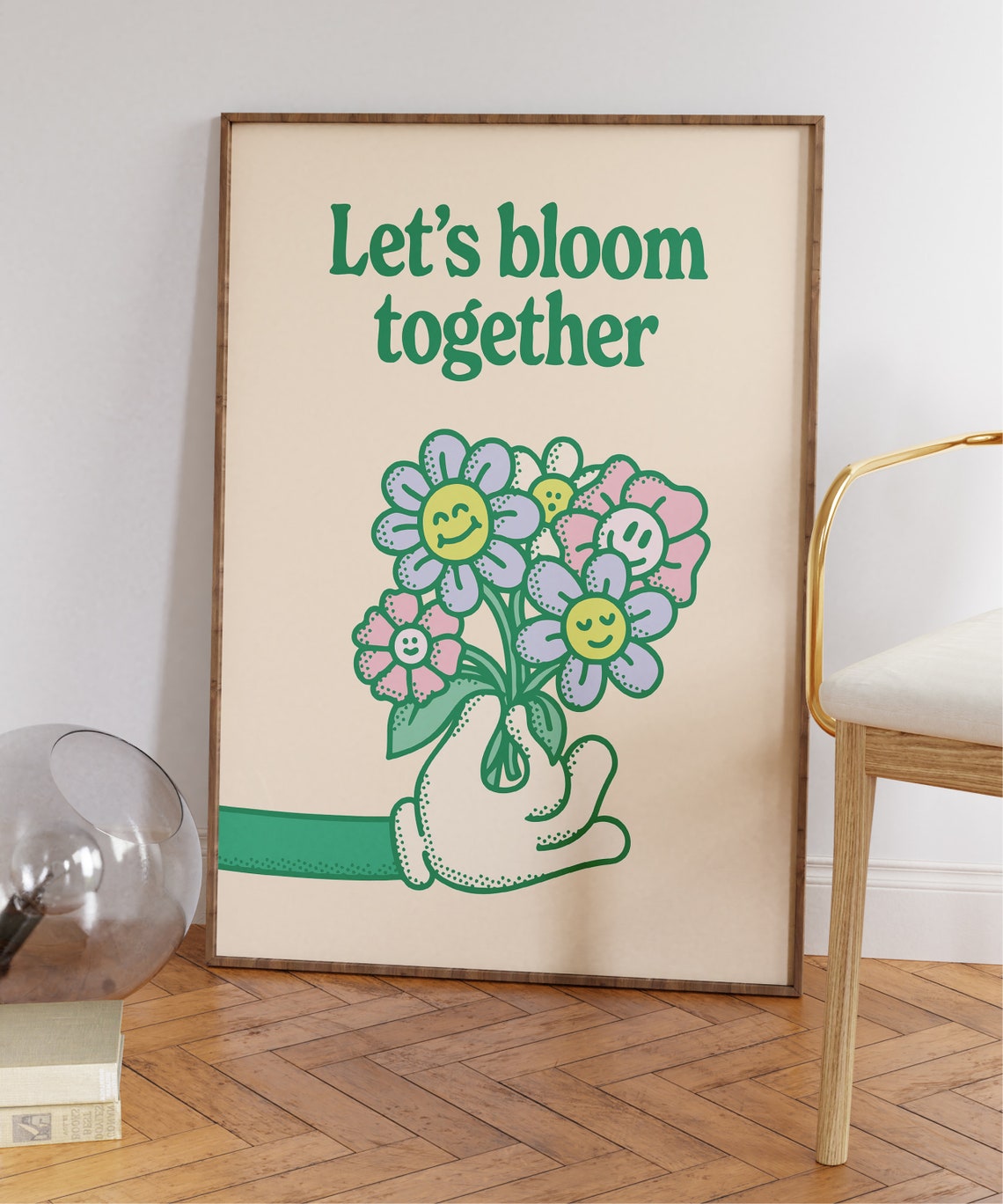 Let's Bloom Together Retro Smiling Flower Bouquet Wall Art Decor - Image 6