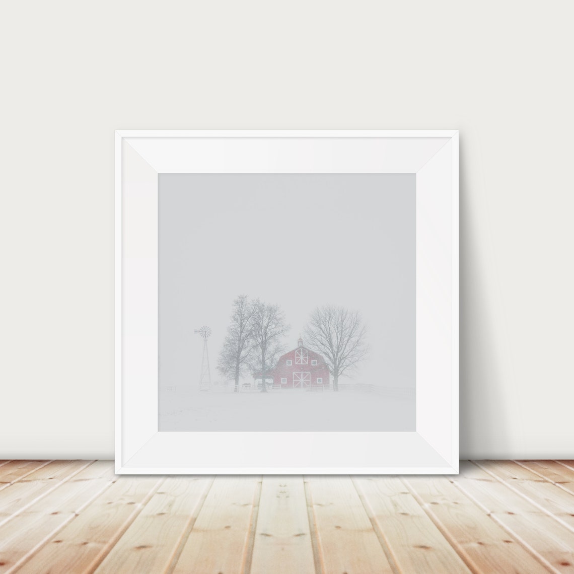Red Barn In Snowstorm With Windmill Rural Winter Photo Poster