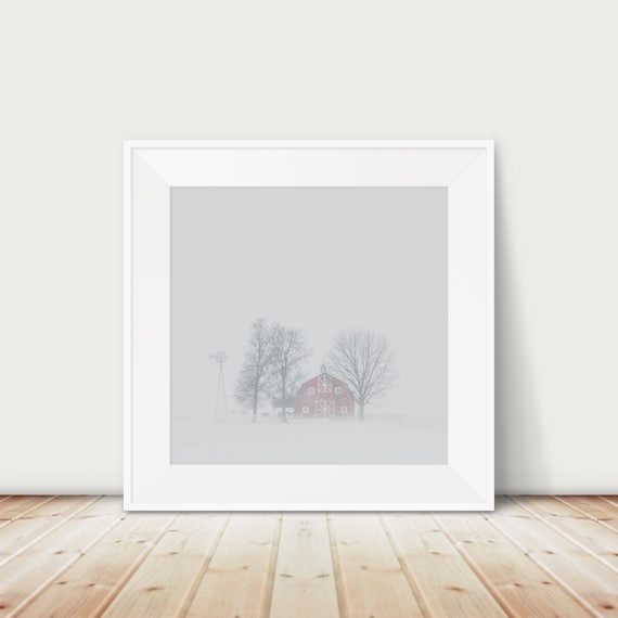 Red Barn In Snowstorm With Windmill Rural Winter Photo Poster