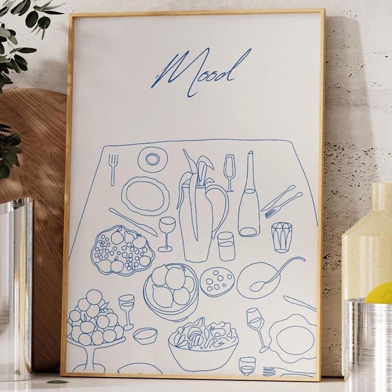 Mood Dinner Table Line Drawing Blue Foodie Kitchen Wall Poster
