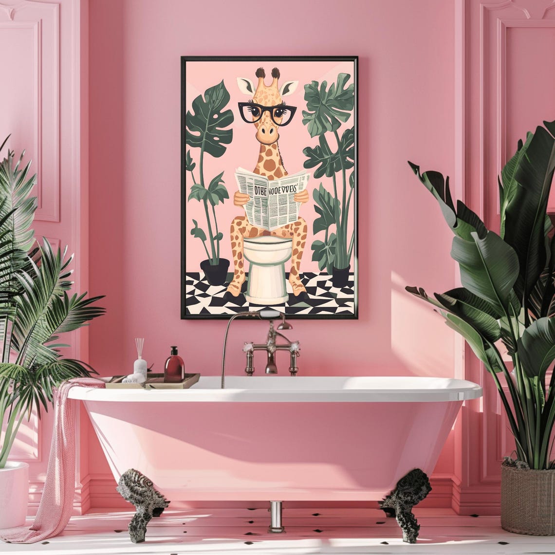 Giraffe With Glasses Reading Newspaper Funny Bathroom Poster - Image 3