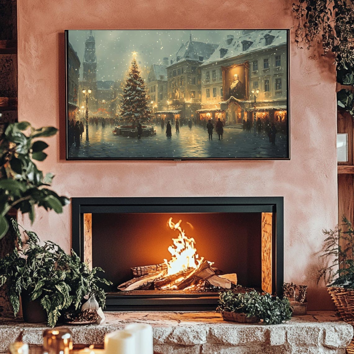 Vintage Snowy Town Square With Illuminated Christmas Tree Poster - Image 3