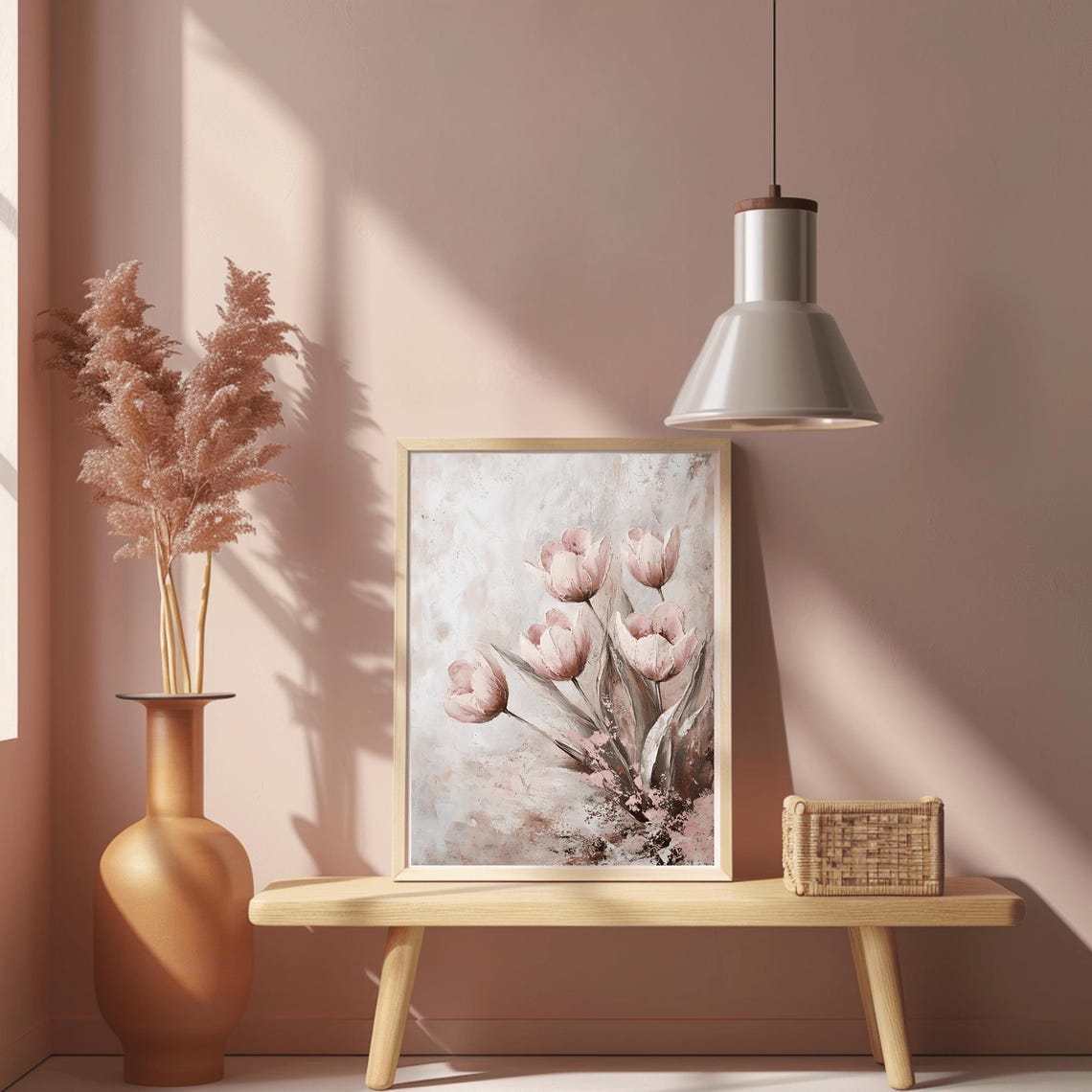 Pink Tulips Bouquet Textured Oil Painting Romantic Floral Poster - Image 2