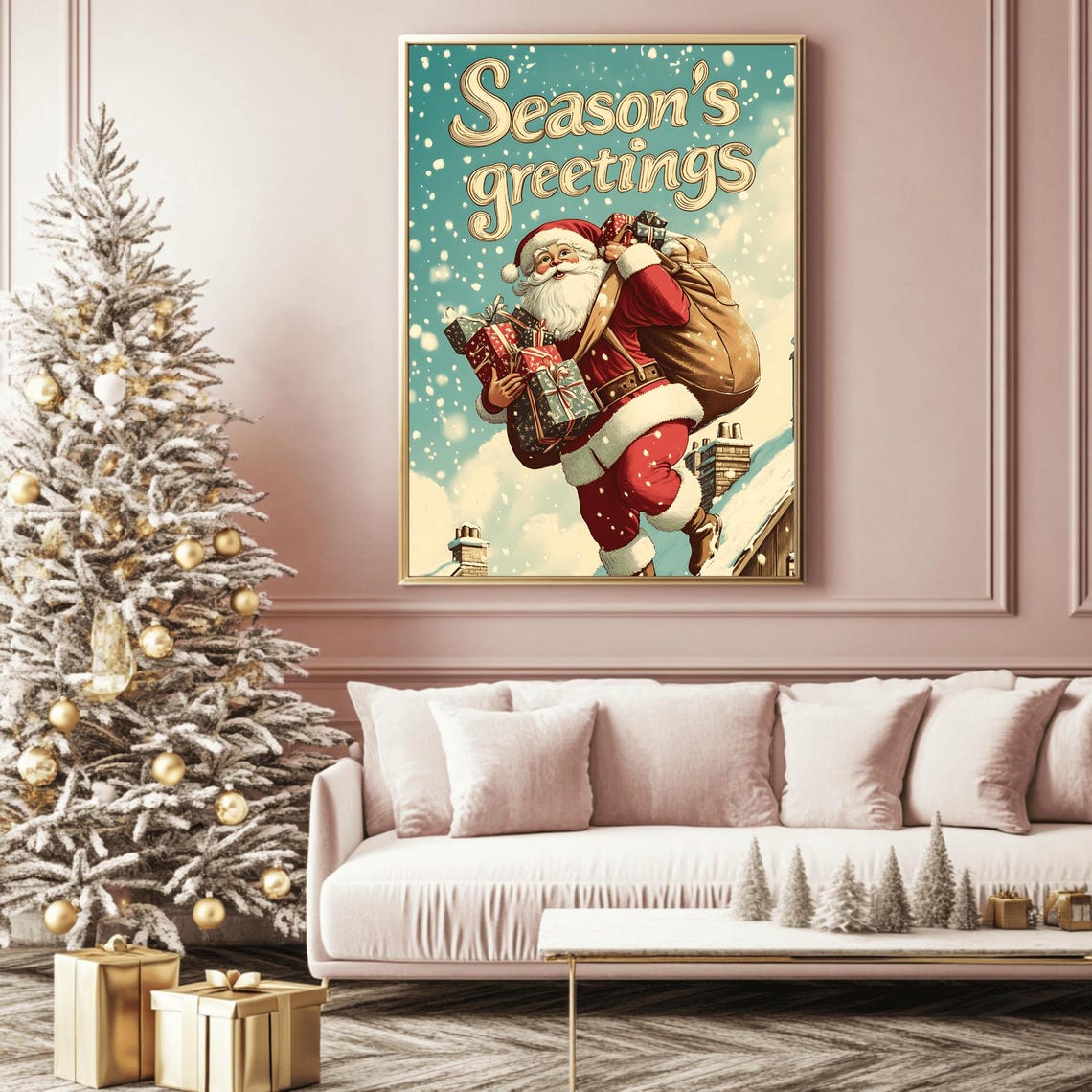 Retro Santa Walking a Snowy Wooden Rooftop Season's Greetings Poster - Image 2