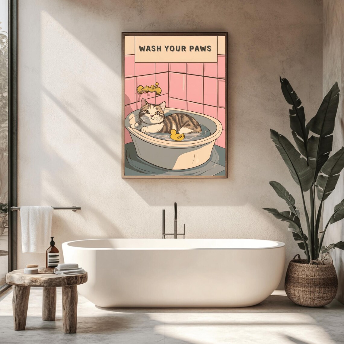 Cute Tabby Cat in Bathtub Wash Your Paws Funny Bathroom Poster - Image 2