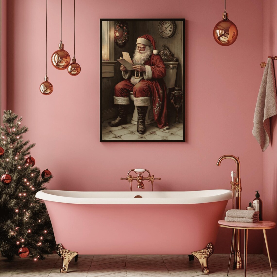 Comical Santa Reading Letters on the Toilet Vintage Bathroom Poster - Image 3