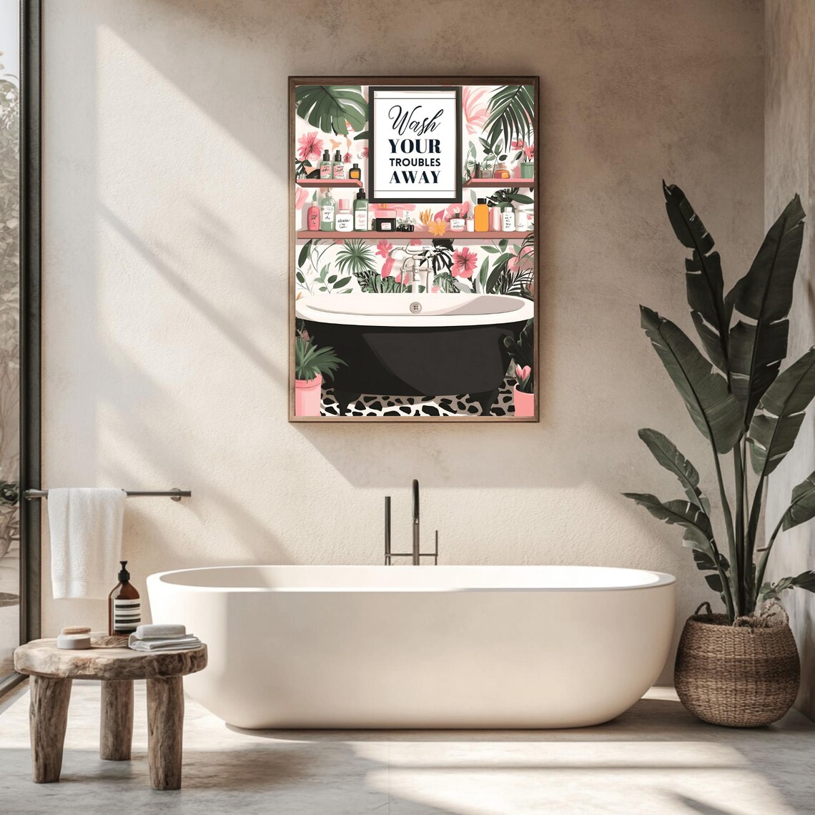 Wash Your Troubles Away Botanical Bathroom Black Tub Art Poster - Image 2
