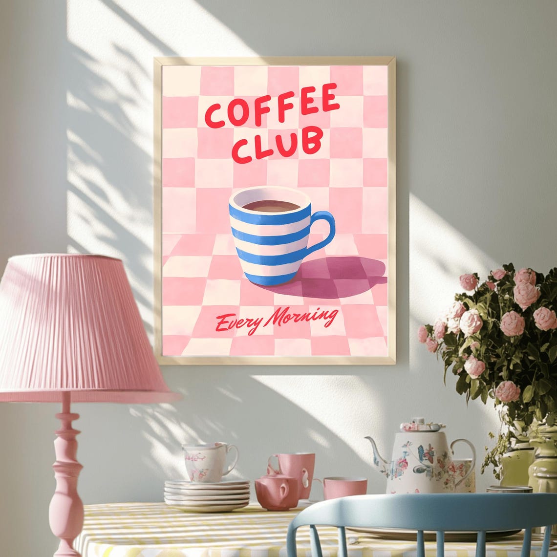 Coffee Club Every Morning Pink Gingham Kitchen Wall Decor Poster - Image 3