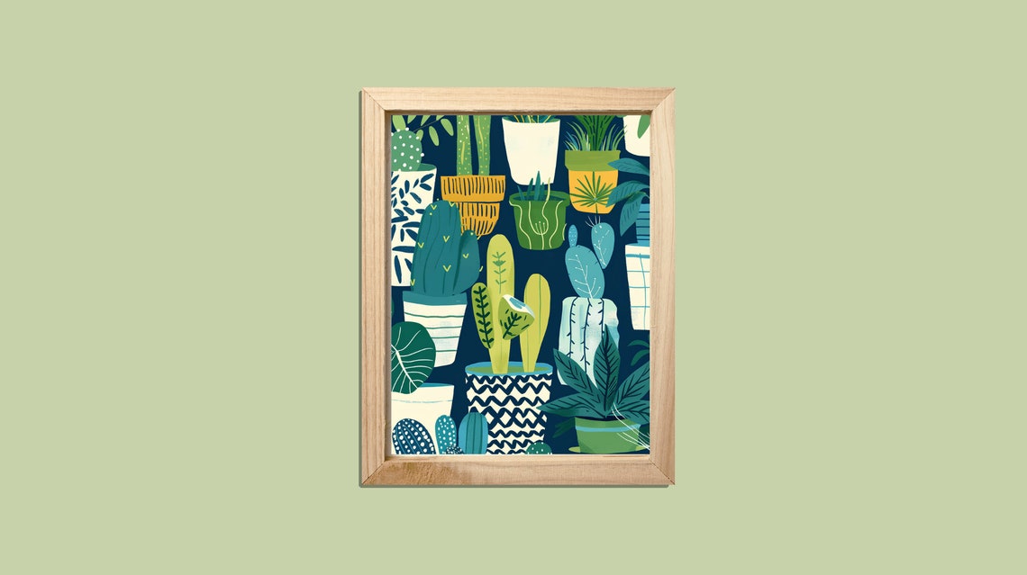 Potted Cactus Houseplants Pattern Navy Folk Art Kitchen Poster - Image 3