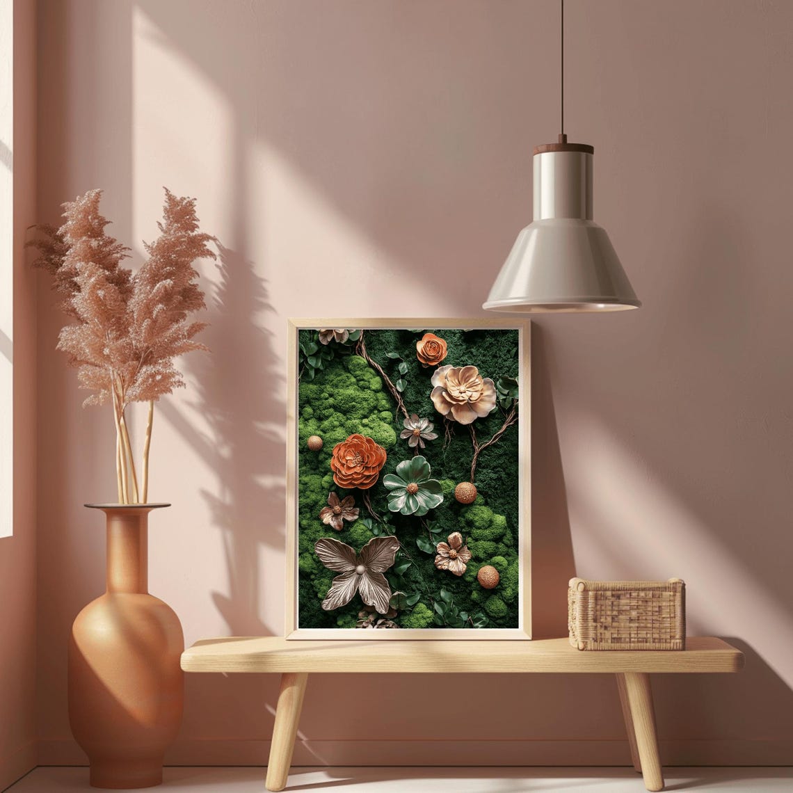 Copper Rust Flowers and Metallic Leaf on Bright Moss Wall Poster - Image 2