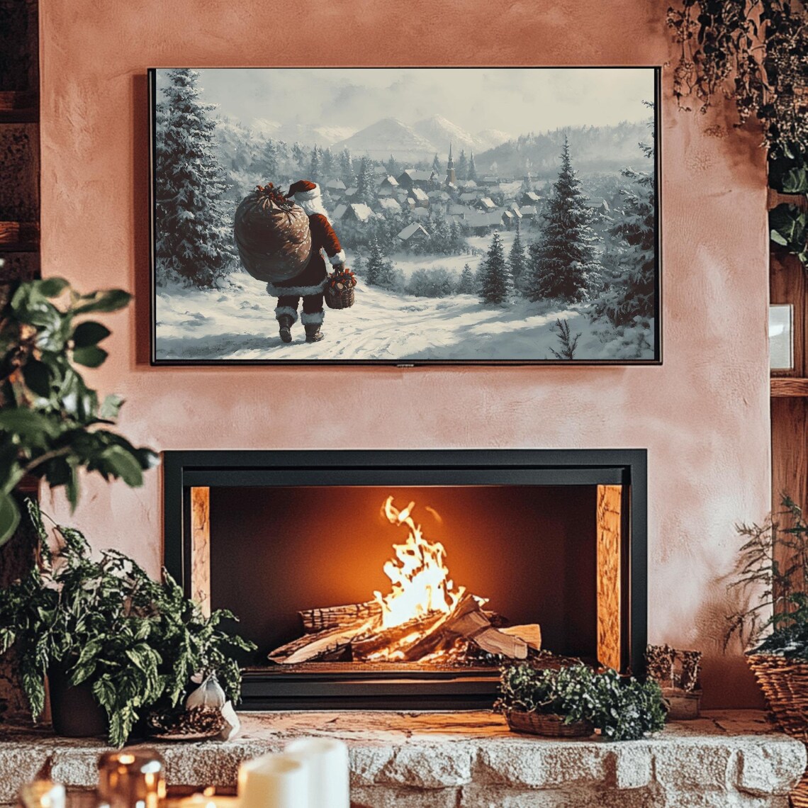 Santa Carrying Gifts To Snowy Mountain Village Vintage Poster - Image 3