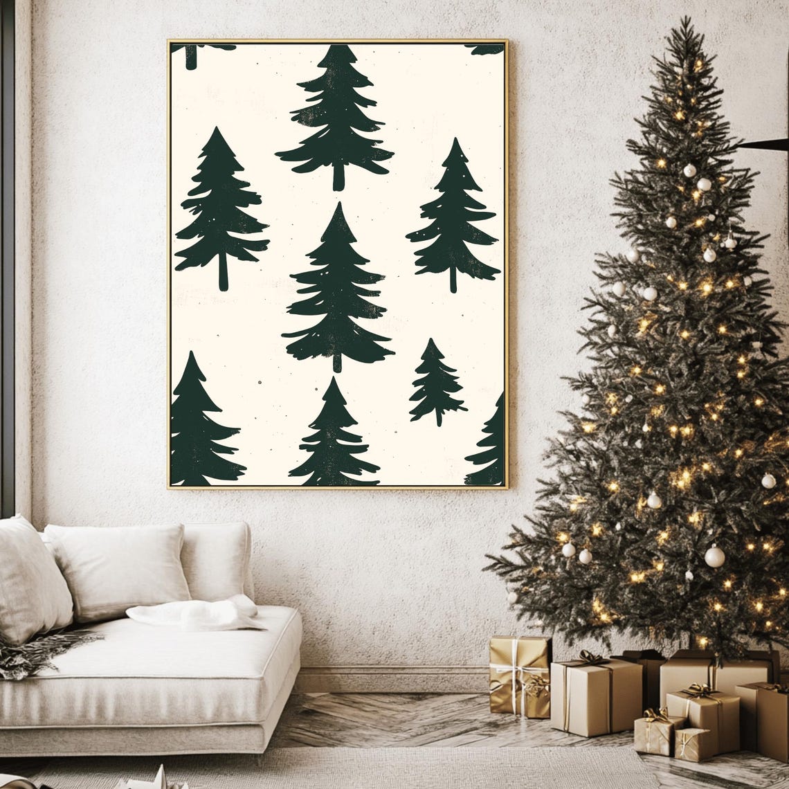 Dark Green Pine Silhouette Repeat Pattern Cream Holiday Poster - Image 2