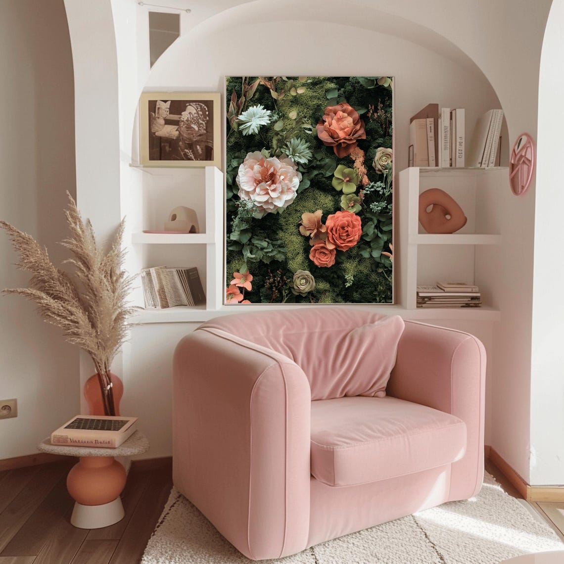 Dense Coral and Blush Floral Arrangement on Dark Moss Wall Poster - Image 3