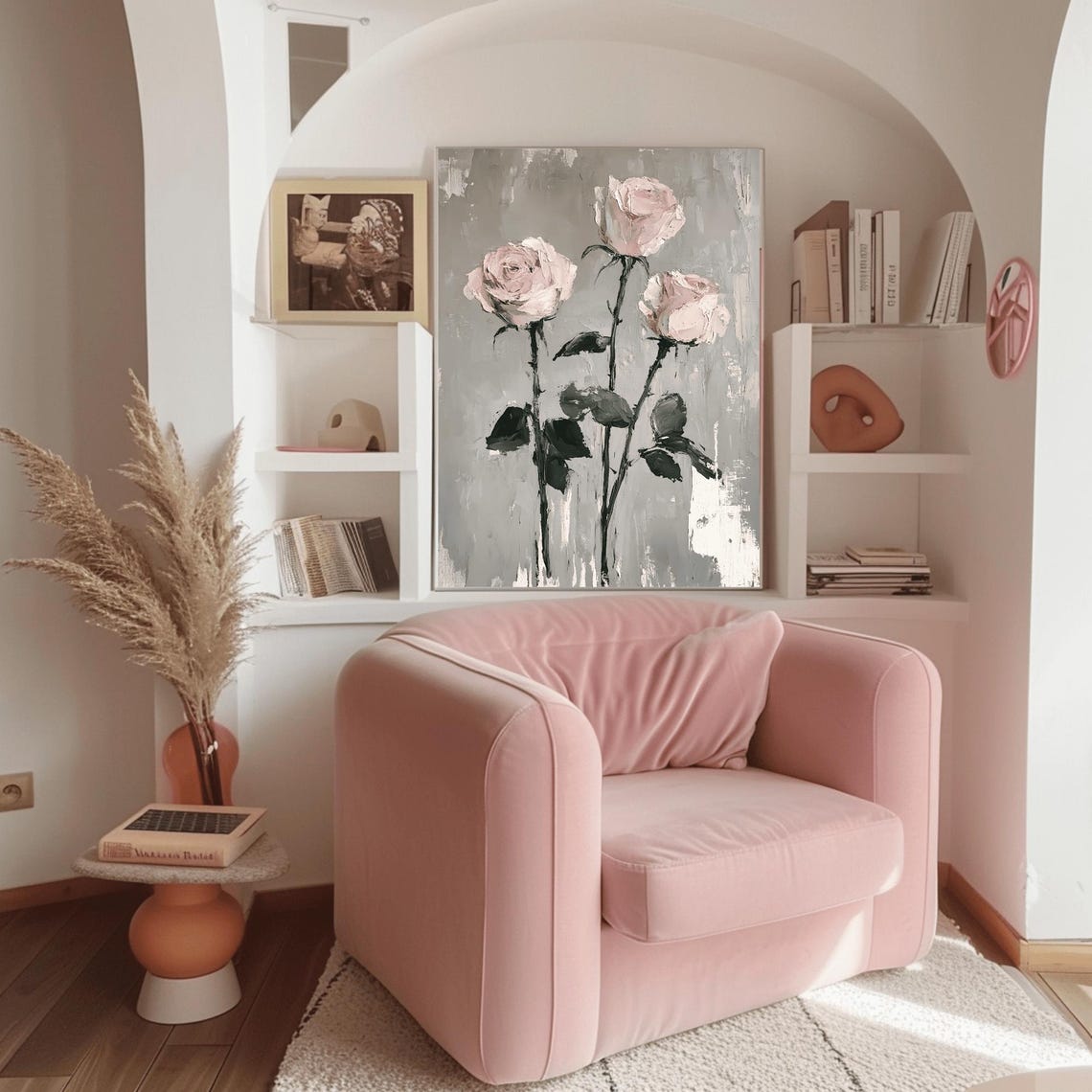 Three Pink Roses on Gray Painterly Modern Botanical Art Poster - Image 3