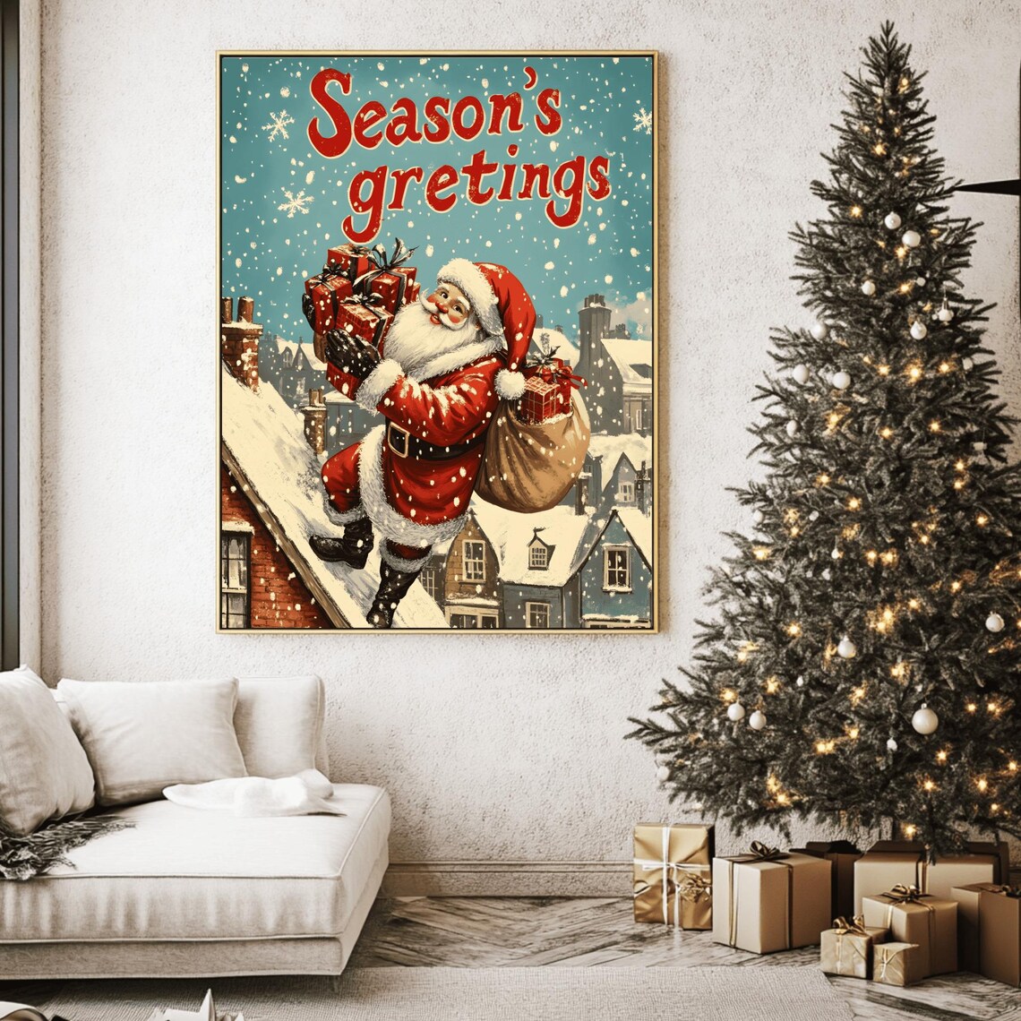 Bold Retro Santa on Rooftops with Season's Gretings Lettering Art Print - Image 2