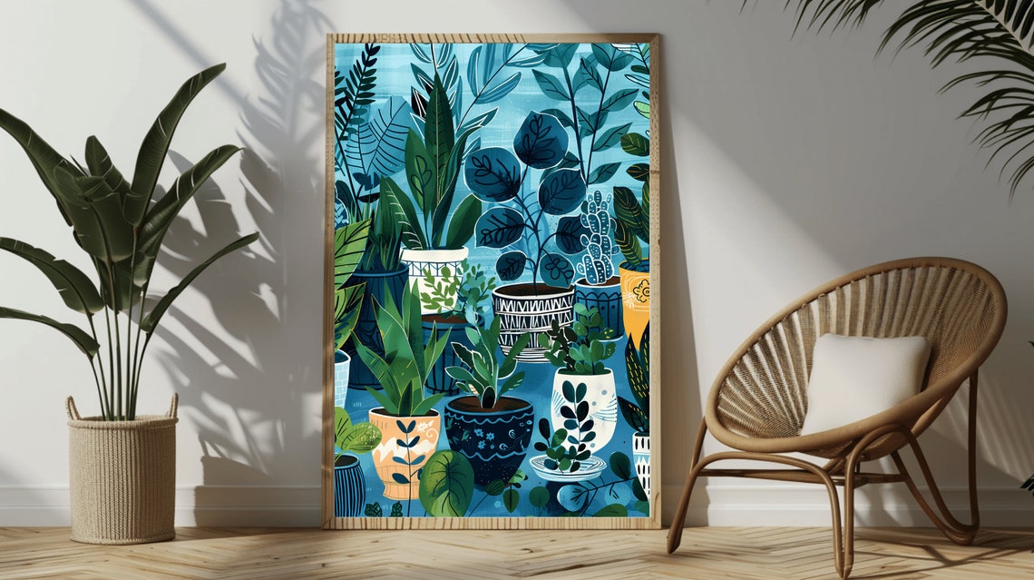 Blue Tonal Houseplant Collection Patterned Pots Jungle Poster - Image 2