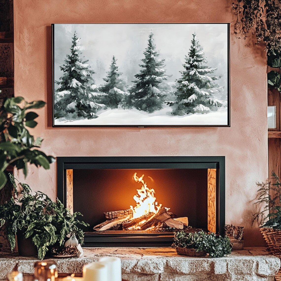 Black And White Watercolor Snow Covered Evergreen Trees Poster - Image 3