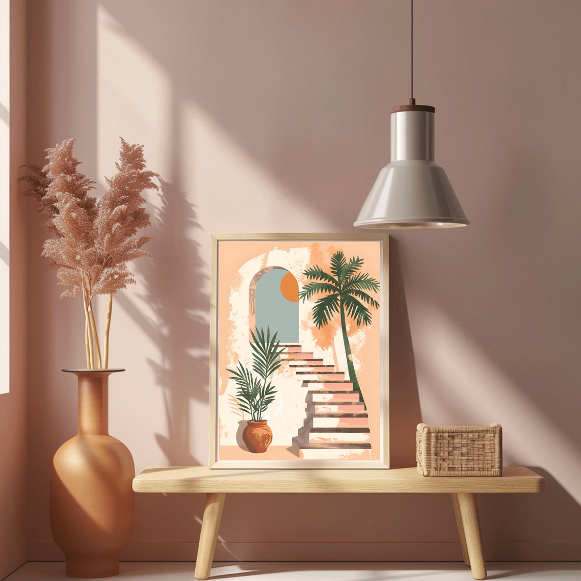 Tropical Palm Archway Staircase Peach Mediterranean Art Poster - Image 2