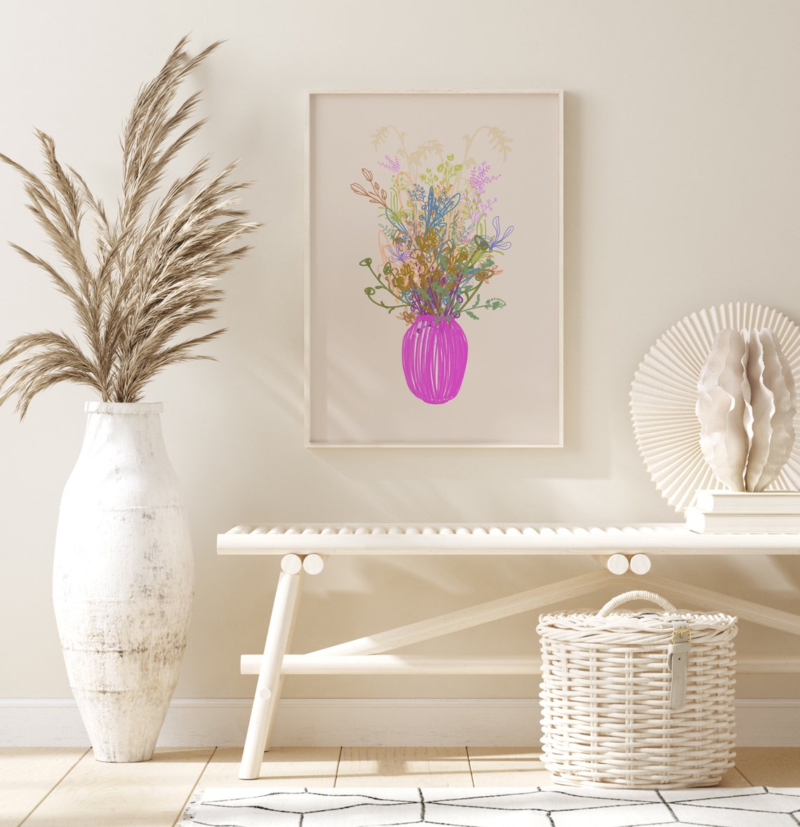 Pink Vase With Colorful Wildflower Line Art Poster For Entryway Decor - Image 2