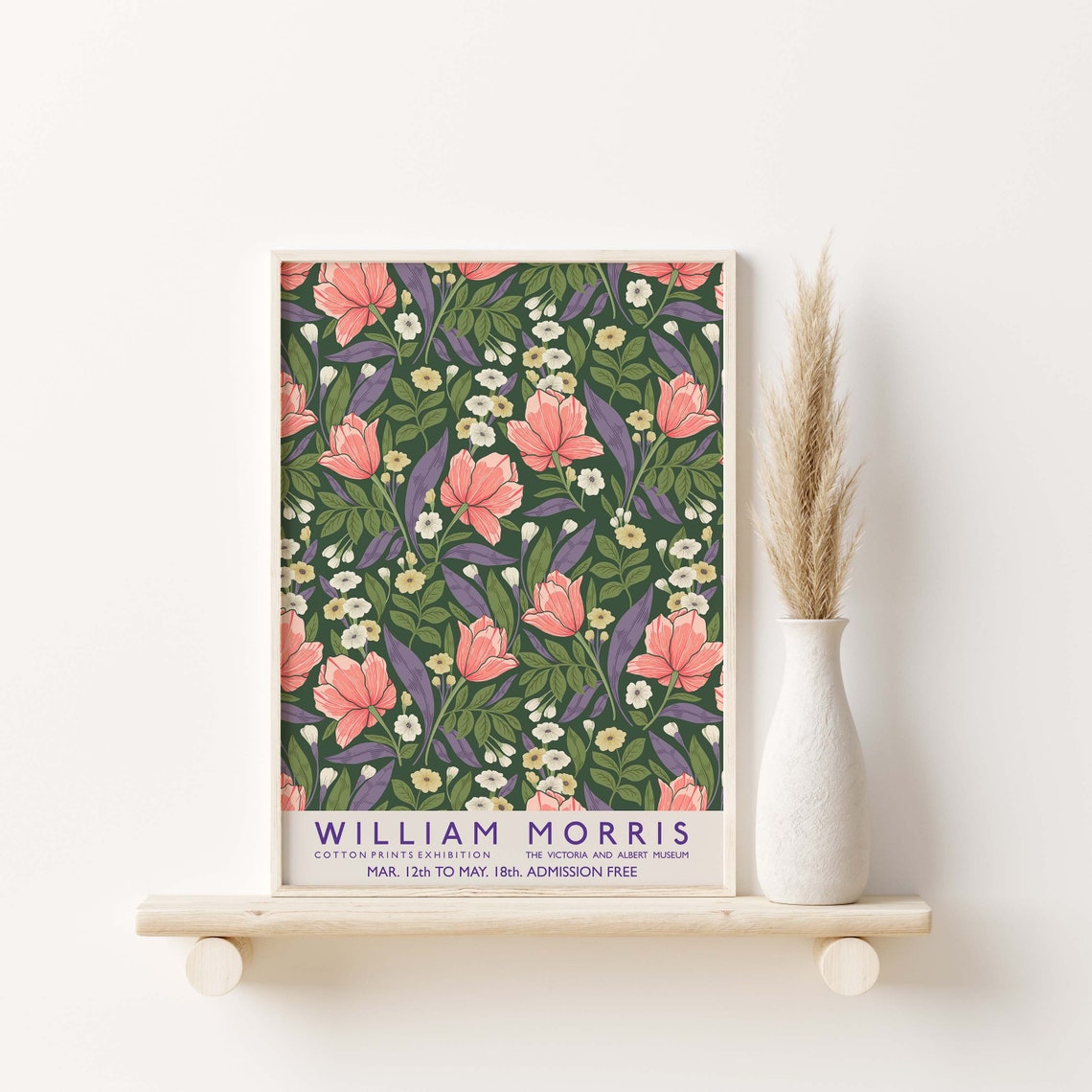 William Morris Cotton Prints Exhibition Pink Tulip Dark Green Poster - Image 2