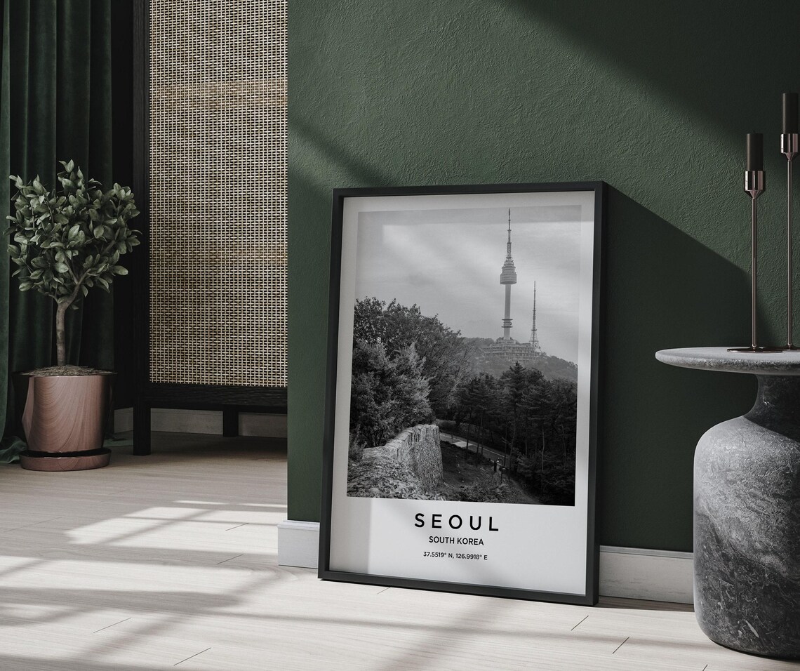 Seoul South Korea N Seoul Tower Hill Monochrome Skyline Poster - Image 2