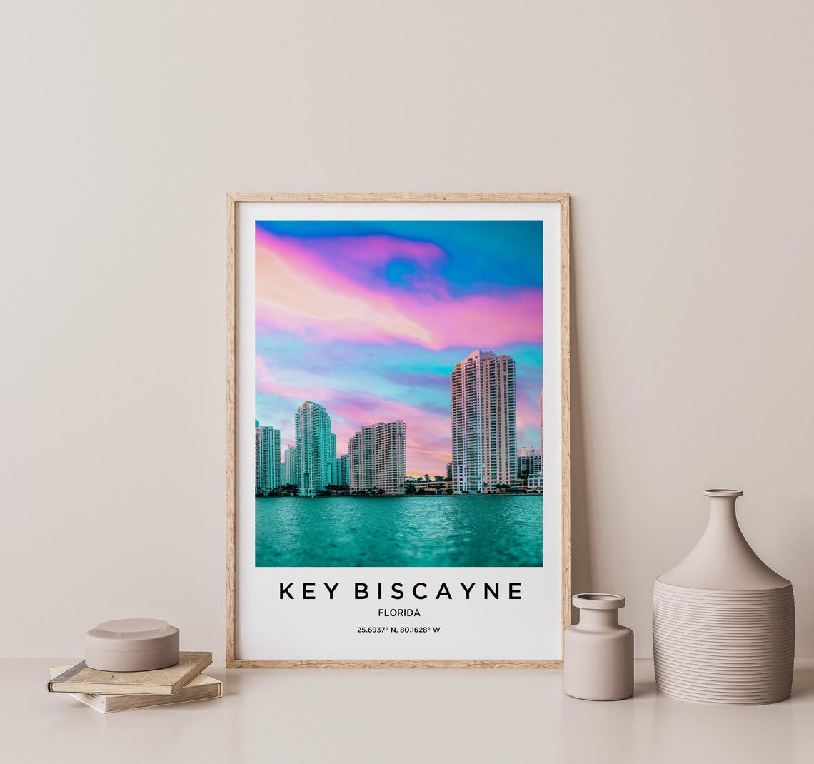 Key Biscayne Florida Pastel Skyline Bay Waterfront Dusk Poster - Image 2