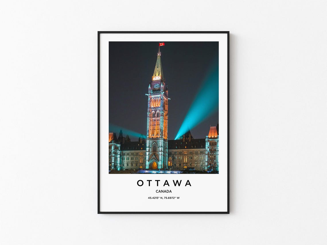 Ottawa Canada Parliament Hill Tower Illuminated at Night Sky Poster