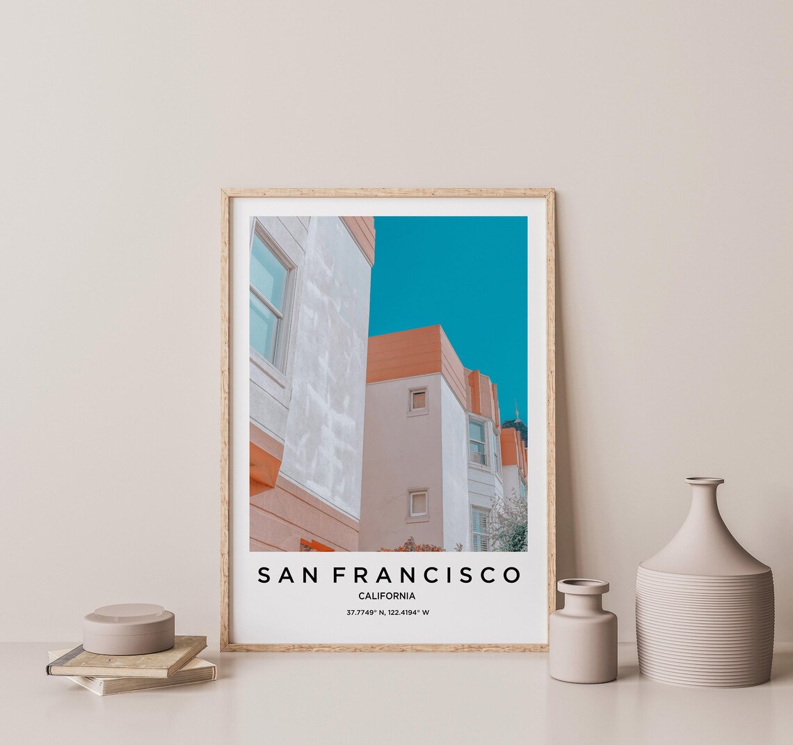 San Francisco California Colorful Buildings Teal Sky Travel Poster - Image 2